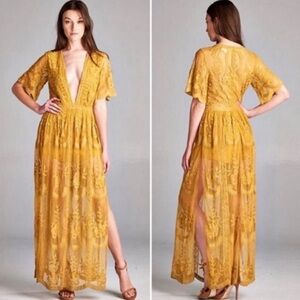Honey Punch Mustard Lace Maxi Dress with Plunging V